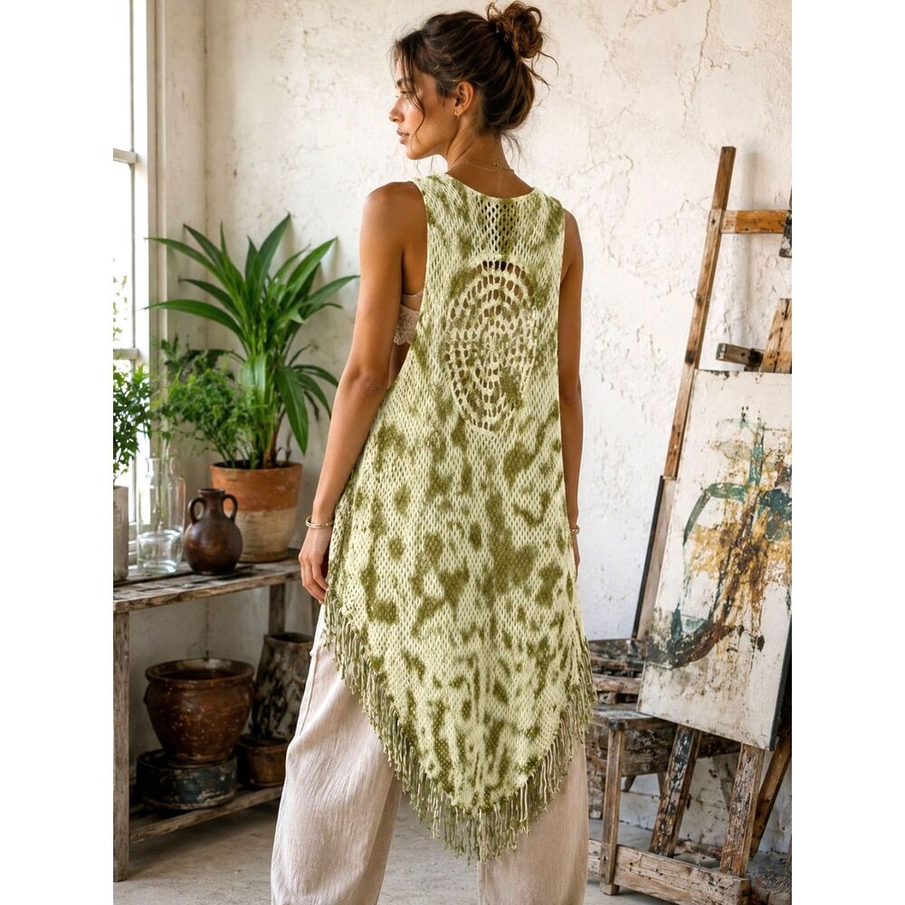 Crochet Duster Vest Fringe Tie Dye Boho Festival Open Knit Long Ali Miles